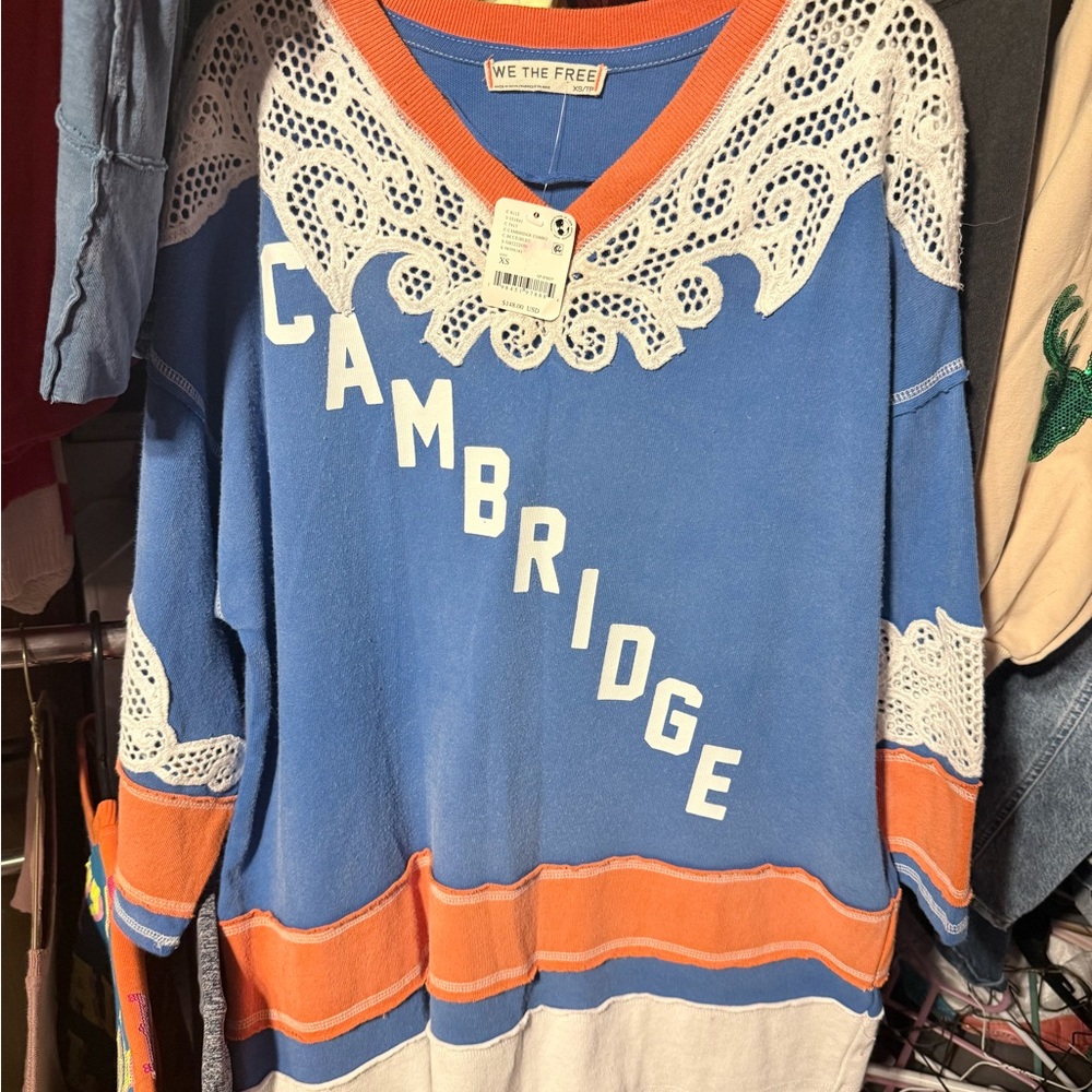 We the Free Blue and Orange Cambridge sweatshirt with lace sz XS new with tags